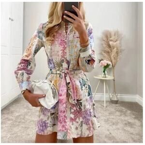 Zara Floral and Parrott Linen Button Down Mini Dress Size Small
